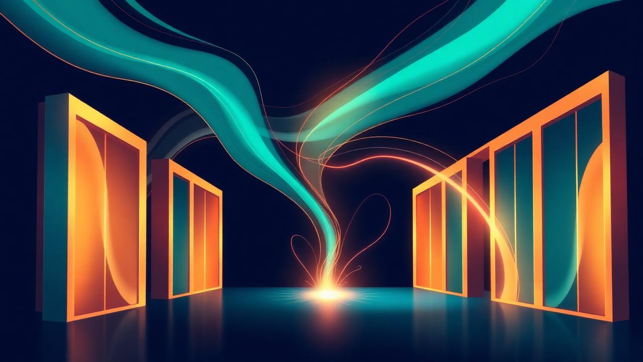 Flowing light ribbons cascading through stylised gates symbolising the customer decision-making journey