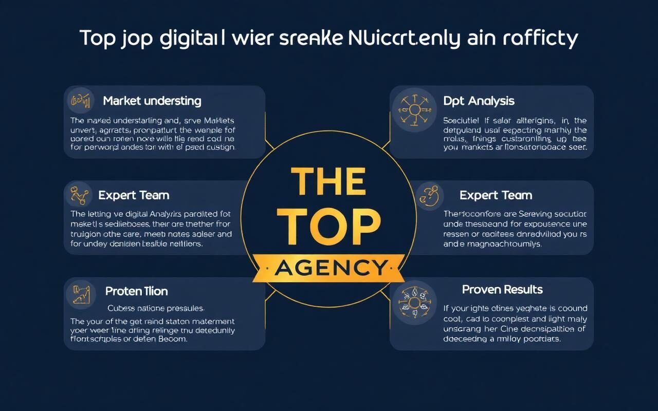 Best Digital Marketing Company in Bahrain our team at THE TOP — Infographic showcasing the five characteristics of the best digital marketing company (Understanding the Bahraini Market, Data, Specialized Team, Customization, Proven Results) with colorful icons and the team logo.