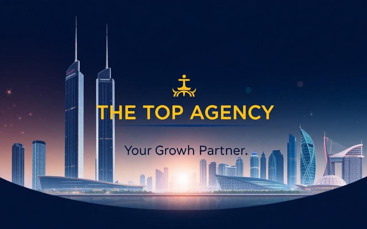 أفضل شركة تسويق رقمي في البحرين THE TOP — تصميم ختامي يتضمن شعار THE TOP AGENCY مع عبارة "شريكك في النمو" وخلفية تجمع بين معالم البحرين الحديثة مثل مركز التجارة العالمي وعناصر التسويق الرقمي مع دعوة واضحة للتواصل