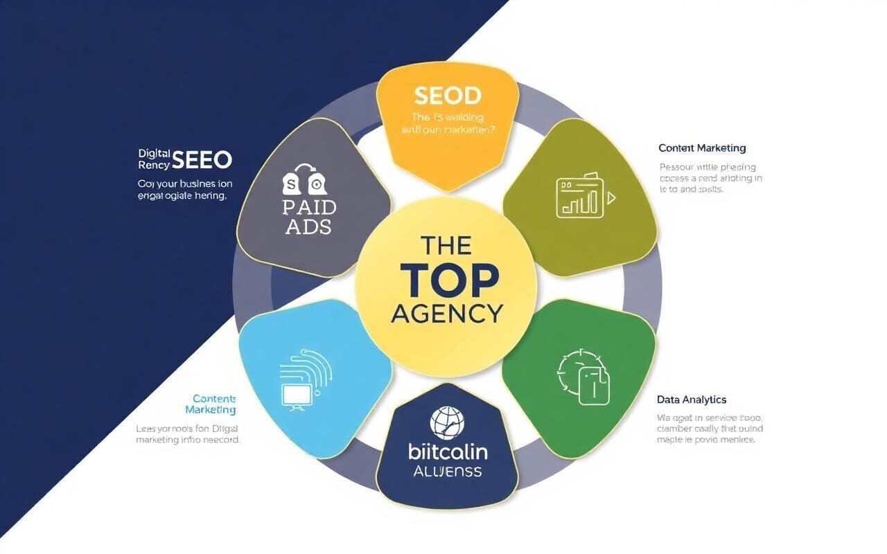 the team, this company — A graphic depicting the five main services (SEO, Paid Ads, Social Media, Content, Data Analysis) as an interconnected circle, reflecting service integration, with THE TOP AGENCY logo at the center.