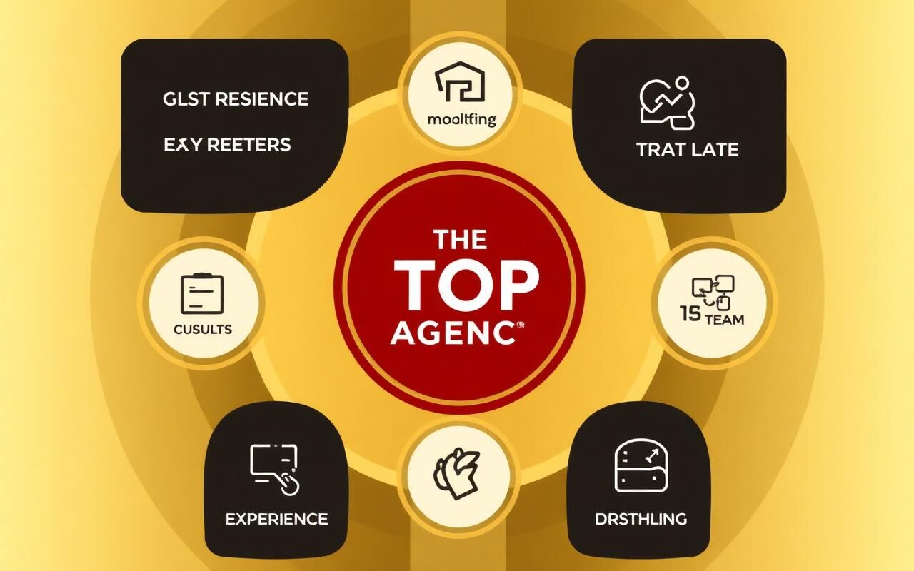 we, the right partner — A design showcasing THE TOP AGENCY logo surrounded by five elements representing expertise, results, customization, tools, and team, set against a golden background reflecting excellence.