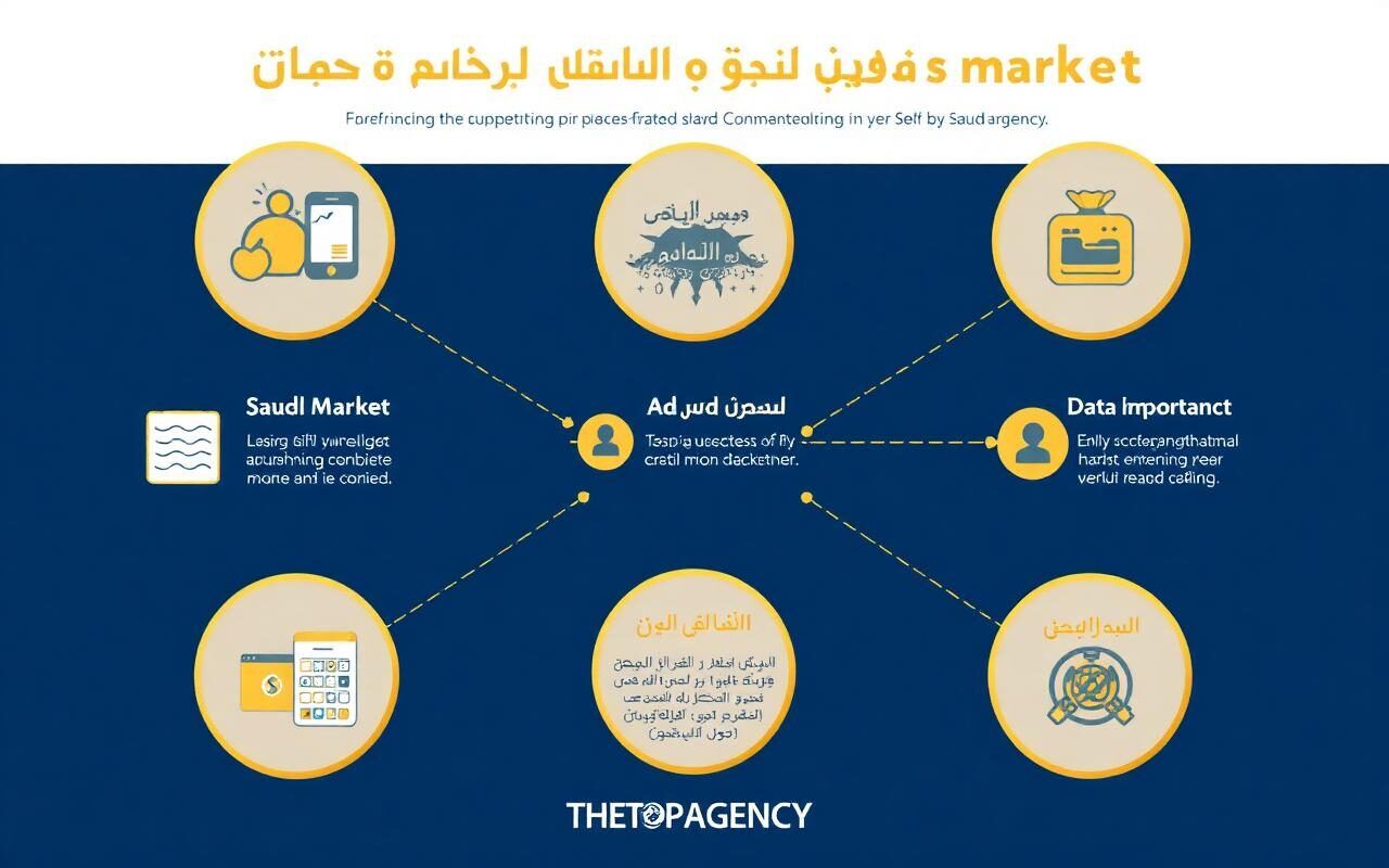 THE TOP AGENCY, the best marketing company in Saudi Arabia — An infographic illustrating the five challenges faced by companies in the Saudi market (competition, ad costs, changing customer behavior, importance of data), featuring the agency logo.