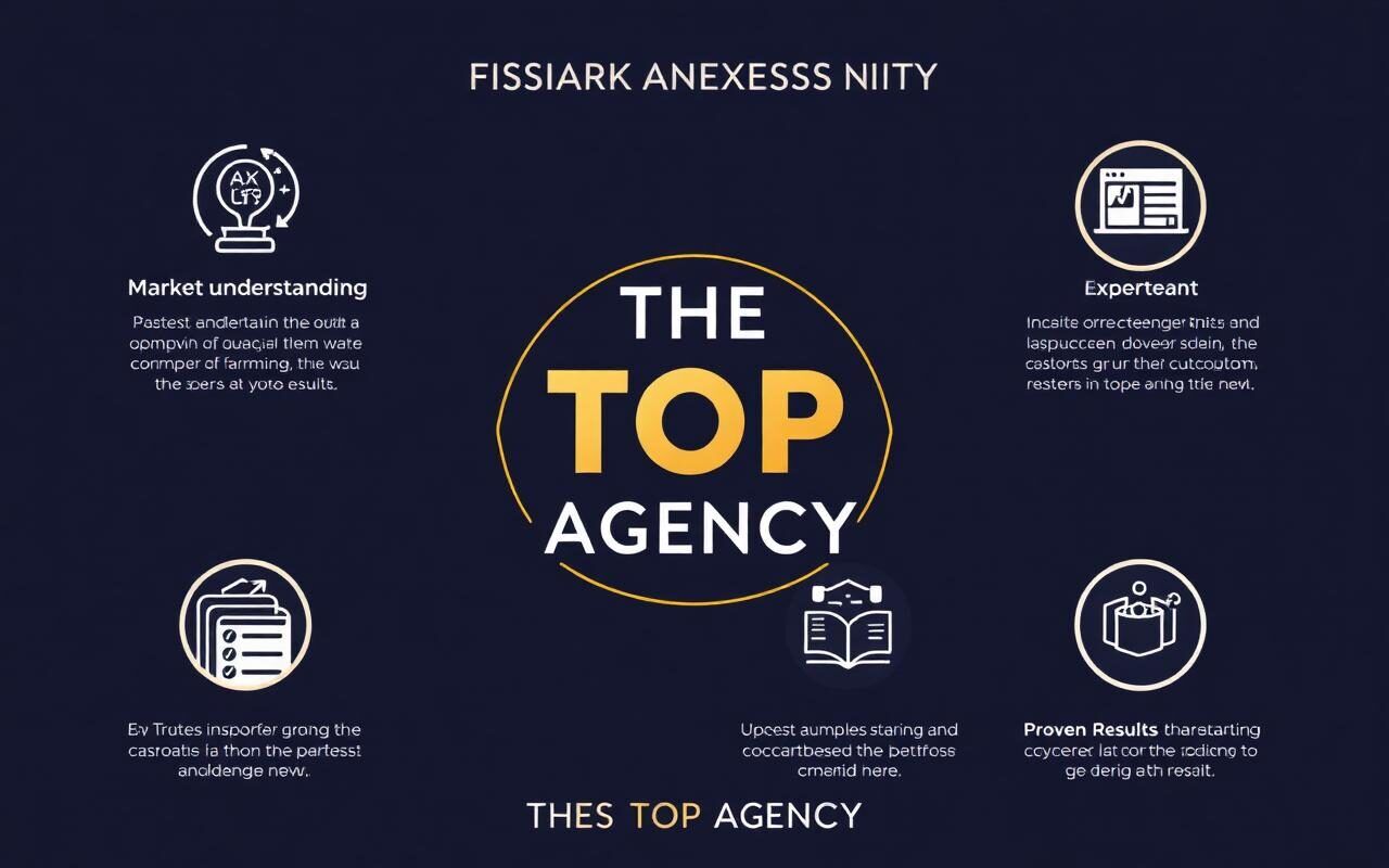 THE TOP AGENCY, the best marketing company in Saudi Arabia — An infographic displaying the five characteristics of the best marketing company (market understanding, data, team, customization, results) with expressive icons and the agency logo.