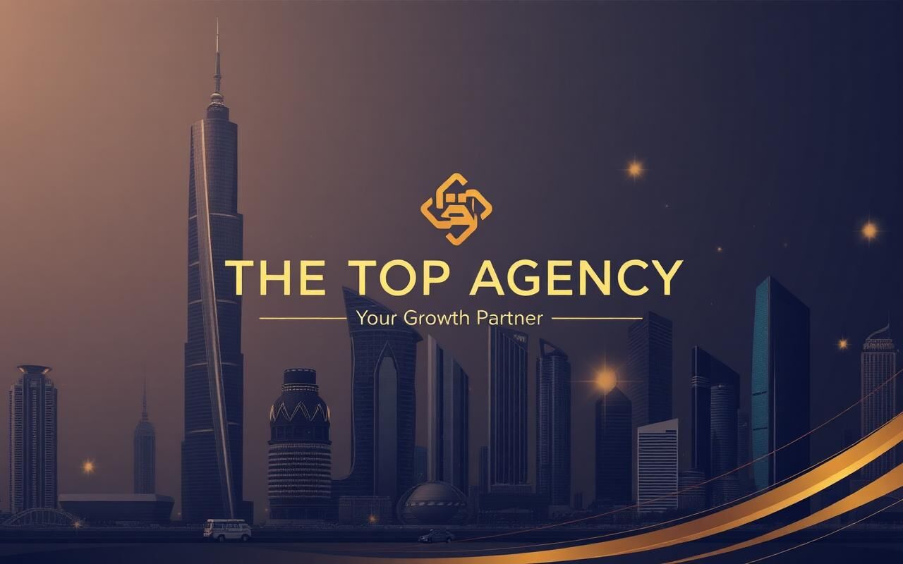 الوكالة الرائدة our team at THE TOP — تصميم ختامي يتضمن شعار the team مع عبارة "شريكك في النمو" وخلفية تجمع بين معالم السعودية وعناصر التسويق الرقمي مع دعوة للتواصل