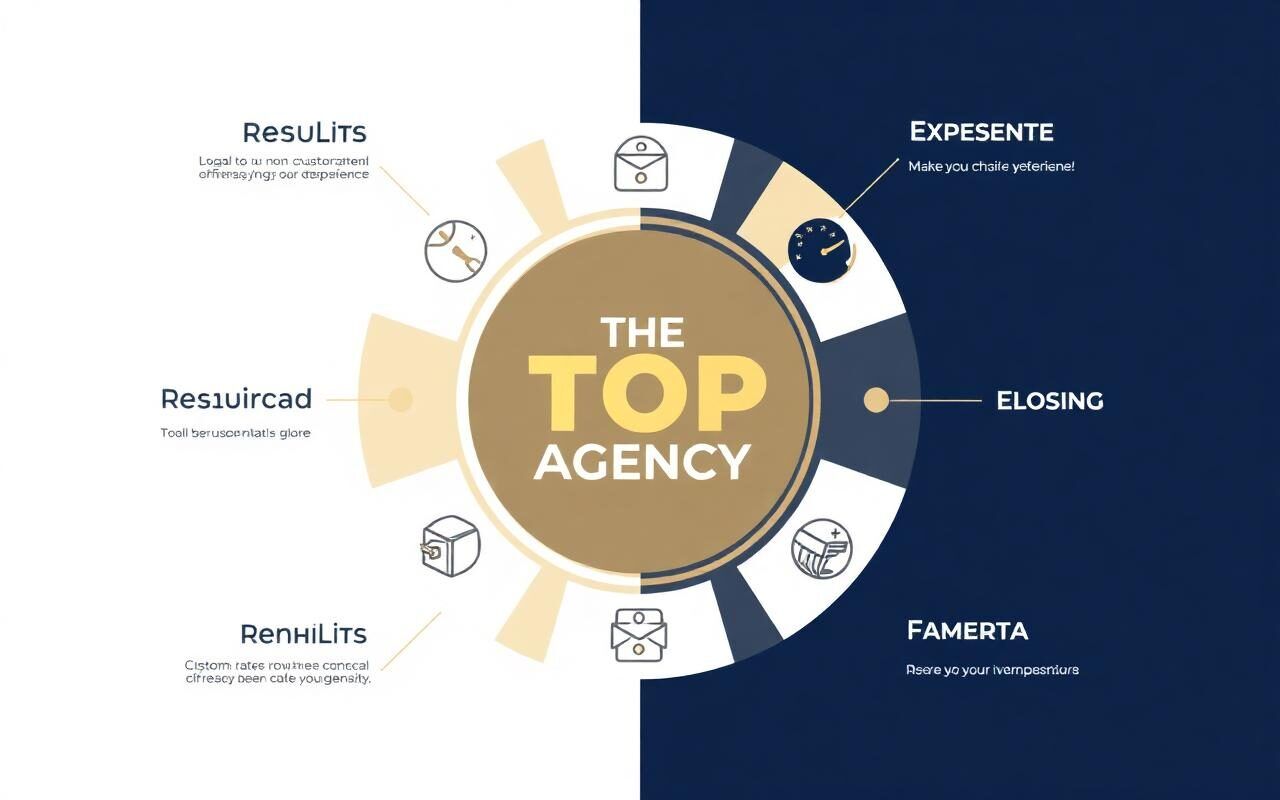 we, the best marketing company in Saudi Arabia — A design showcasing THE TOP AGENCY logo surrounded by elements representing results, expertise, tools, team, and customization.