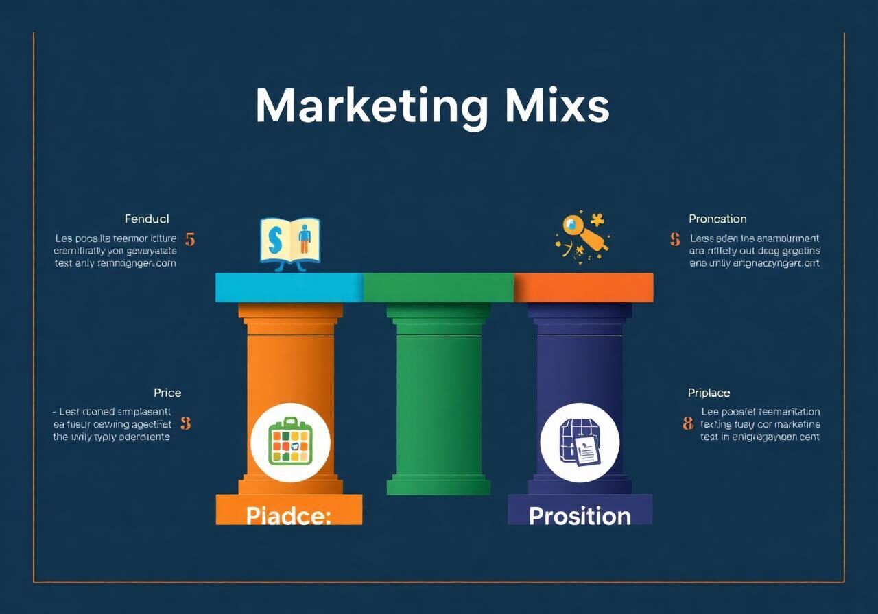 the team Marketing Strategies — An infographic illustrating the four elements of marketing strategies (Product, Price, Place, Promotion) with colorful icons and THE TOP AGENCY logo.