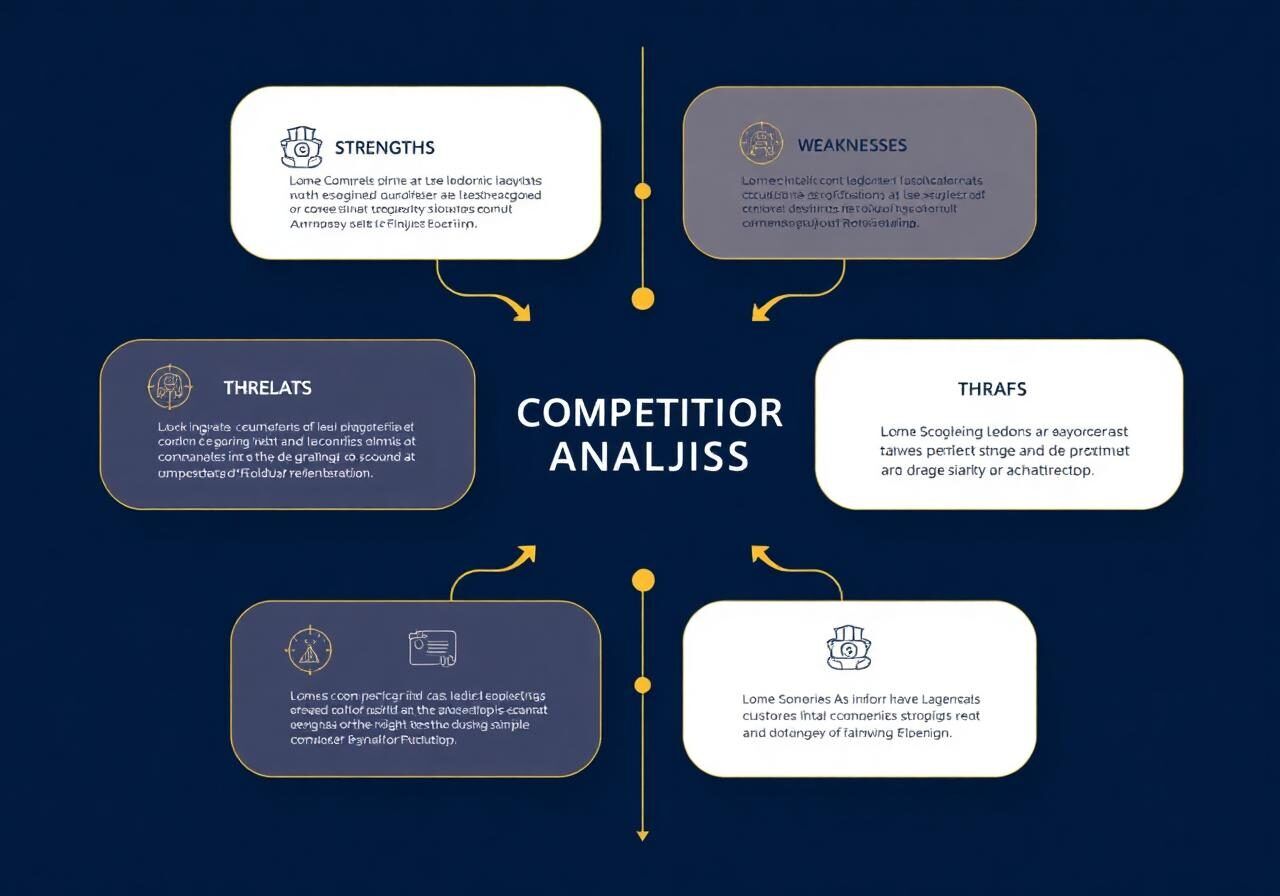 our team Marketing Strategies — A chart illustrating how THE TOP analyzes competitors within marketing strategies, with icons representing strengths, weaknesses, opportunities, and threats.