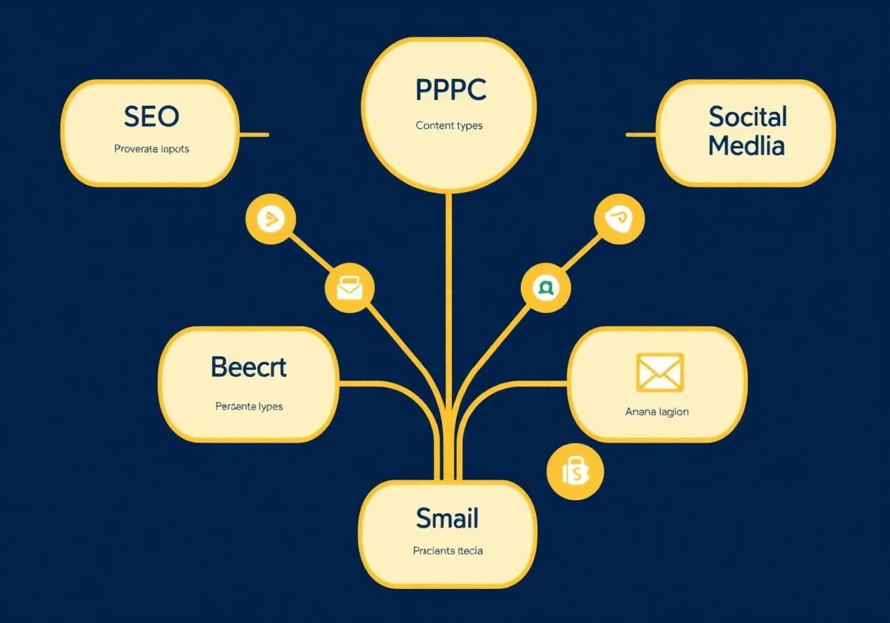 THE TOP Marketing Strategies — An illustration showcasing the various types of Digital Marketing Strategies (SEO, PPC, Content, Email, Social Media) as a branching tree, with THE TOP AGENCY logo.