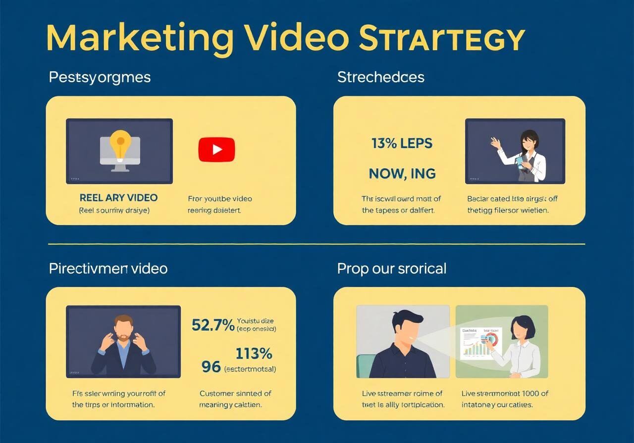 THE TOP Marketing Strategies — A design illustrating the different types of videos used in the integrated plan (Reels, YouTube, Live Broadcasts, Customer Testimonials) with statistics on the effectiveness of each type.