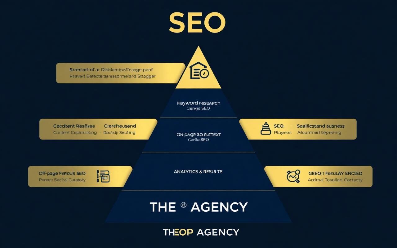 Best SEO Company our team at THE TOP — Infographic illustrating the five characteristics (Keyword Analysis, Content Optimization, On-Page, Off-Page, Analysis) in a pyramid shape, starting with keywords at the base and ending with results at the top.