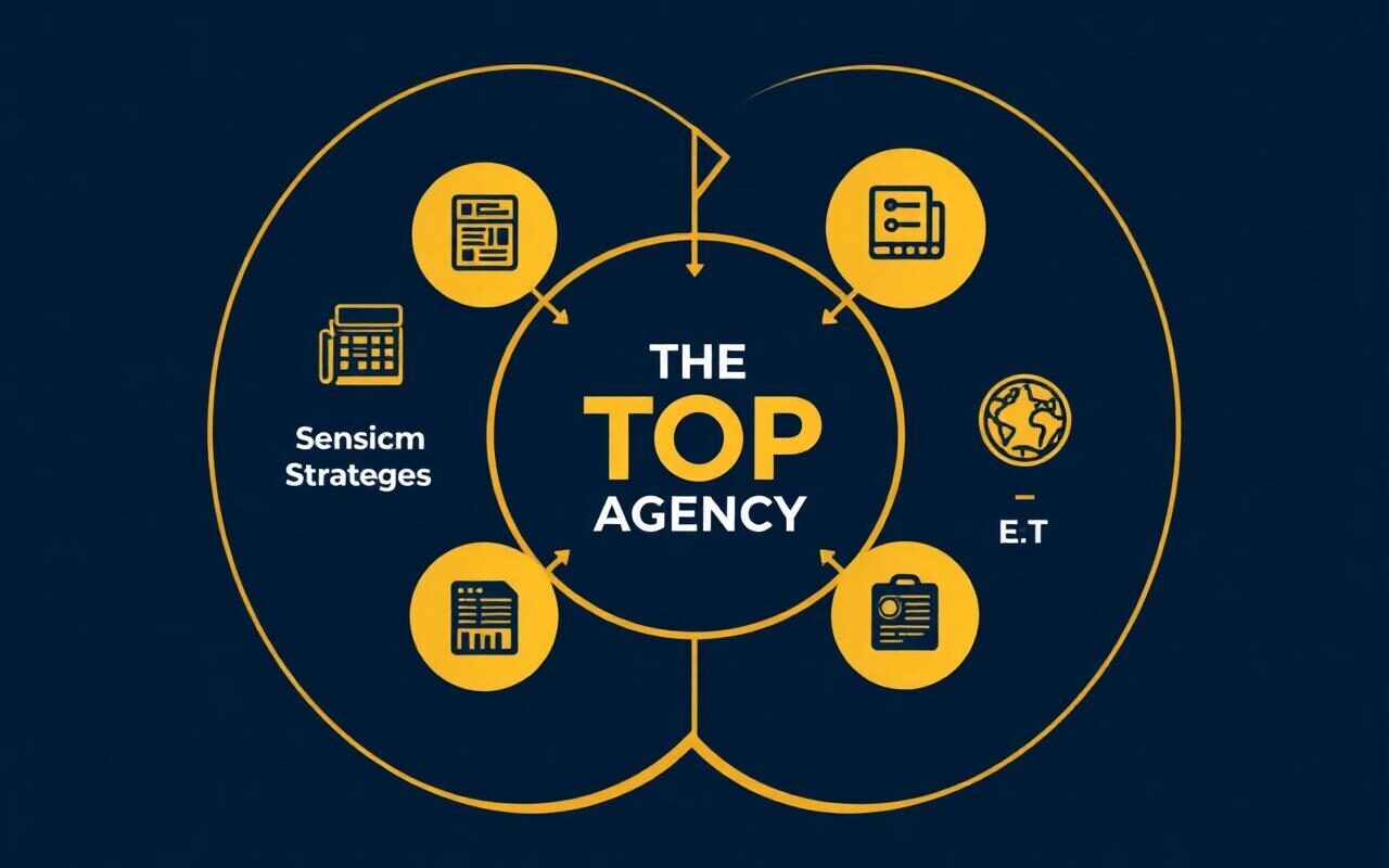 Best SEO Company we — Diagram illustrating the four advanced strategies (Topic Clusters, Semantic SEO, Content Funnel, E-E-A-T) as an interconnected circle with THE TOP AGENCY logo at the center.