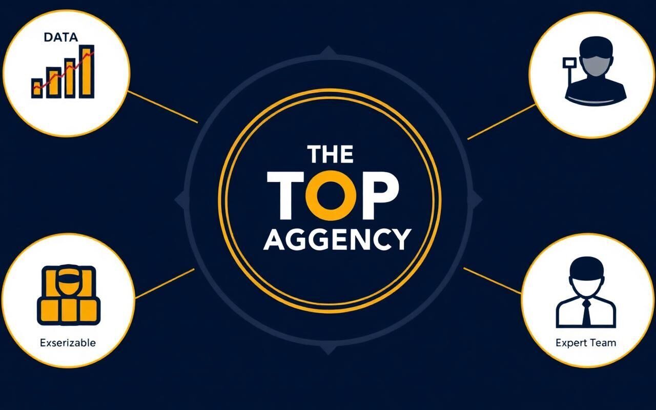 Best SEO Company our team at THE TOP — Design displaying the team logo with five elements representing Data, Customization, Sustainability, Tools, and Team, on a professional background.