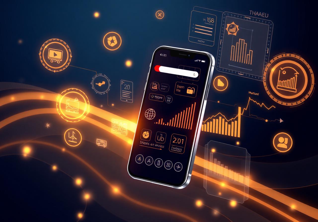 THE TOP AGENCY, such a company — An illustration demonstrating digital transformation in the UAE with icons representing smartphones, digital ads, e-commerce, and our team at THE TOP logo.