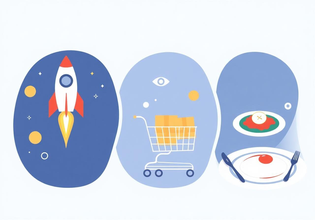 THE TOP AGENCY, the best marketing company in the UAE — Three sections illustrating different strategies for each sector (startups, e-commerce stores, restaurants) with expressive icons.
